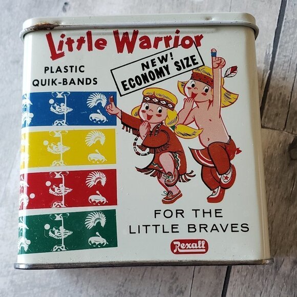Vintage Little Warrior Quik-bands Bandage Tin Economy Size Rexall Drug Store Bra
